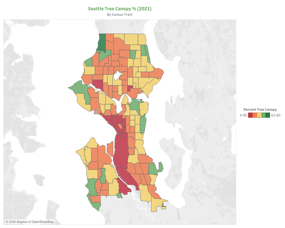 Seattle Tree canopy color-coded map